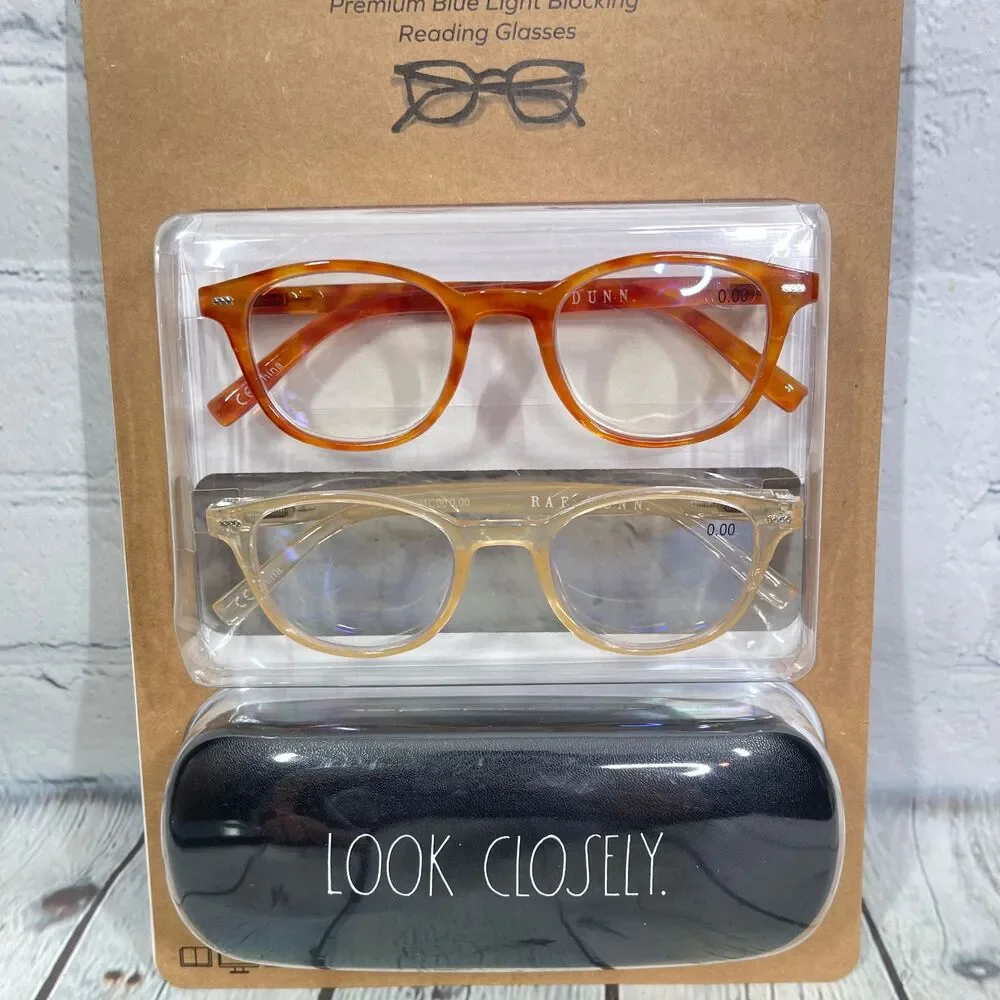 Rae Dunn Premium Blue Light Blocking 0.00 2 Glasses + Case Brown Ivory